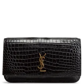 SAINT LAURENT Croc Embossed Cassandre Phone Holder - Black