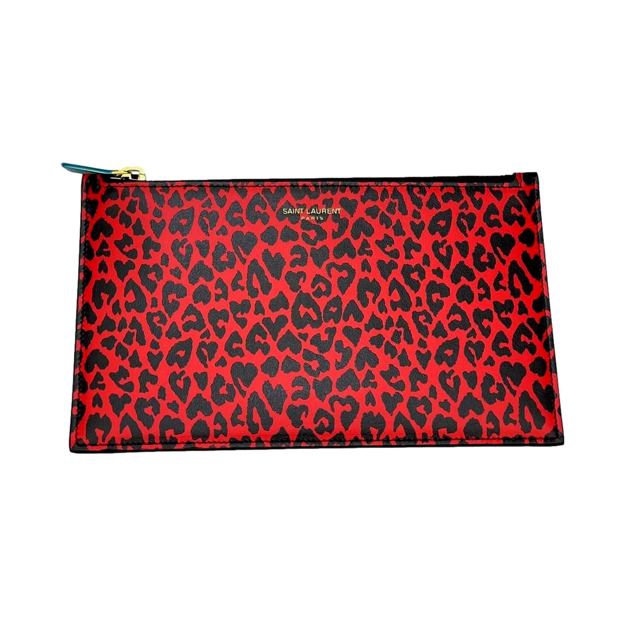 Saint Laurent Rouge Leopard Printed Calfskin Leather Medium Pouch