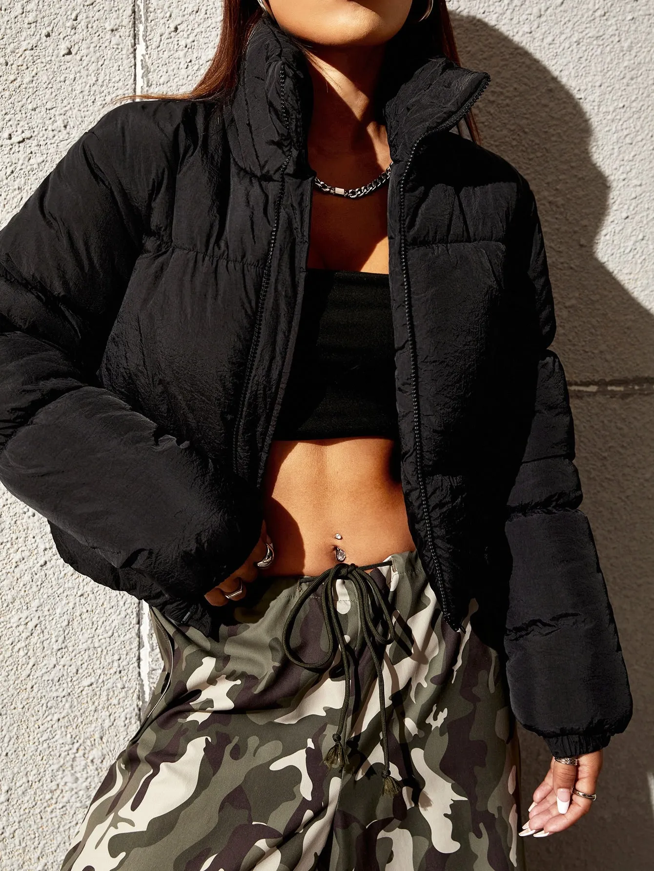 Solid Zip Up Puffer Coat