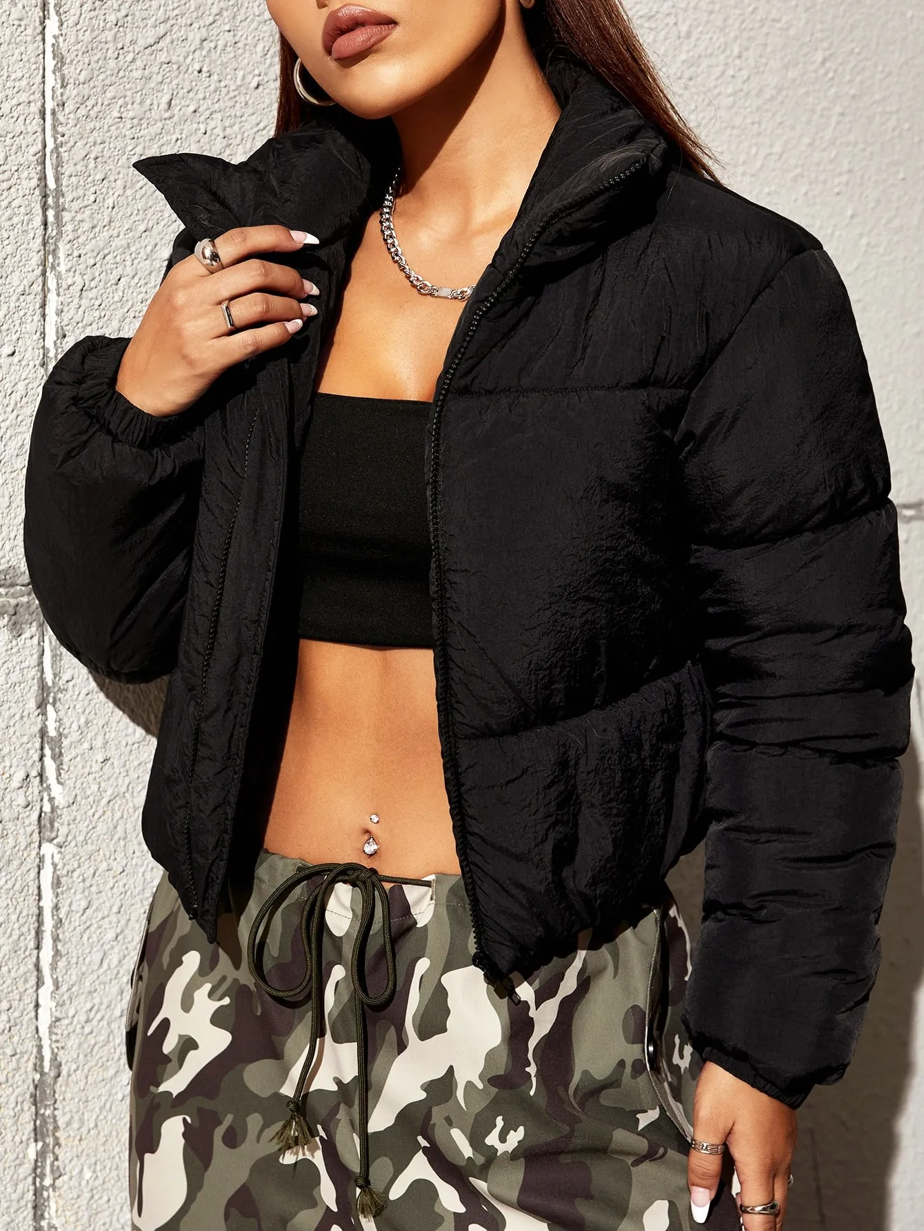 Solid Zip Up Puffer Coat