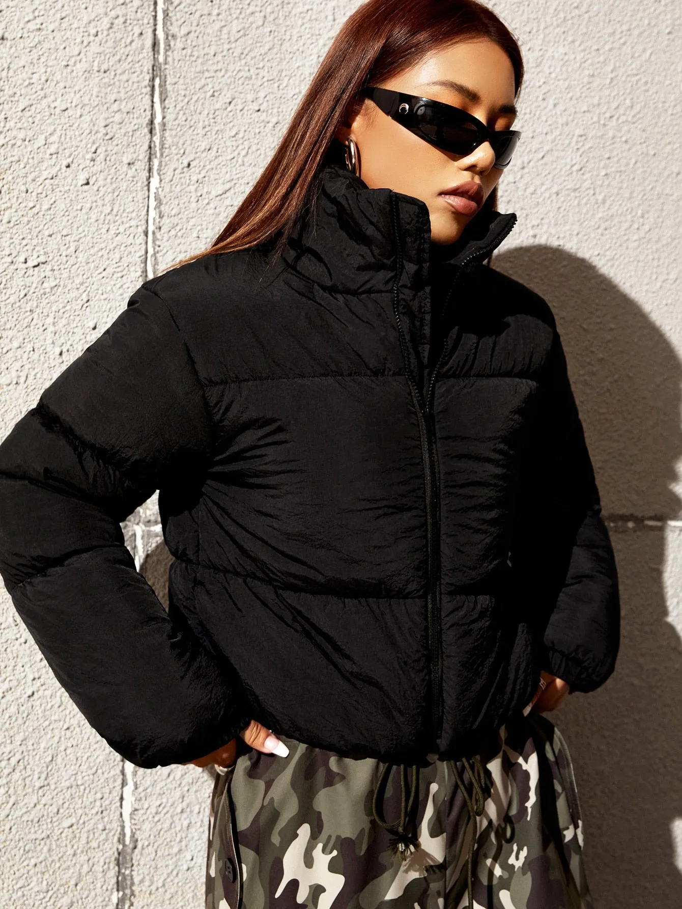 Solid Zip Up Puffer Coat