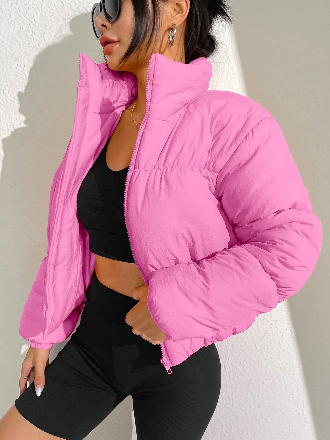 Solid Zip Up Puffer Coat