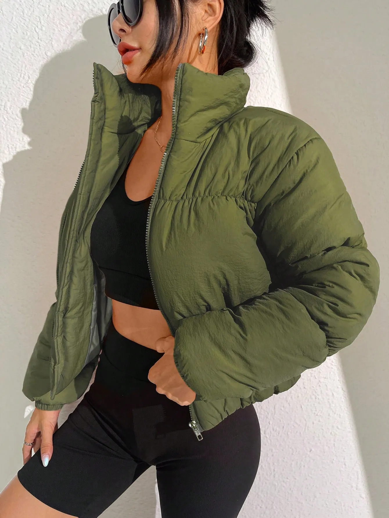 Solid Zip Up Puffer Coat