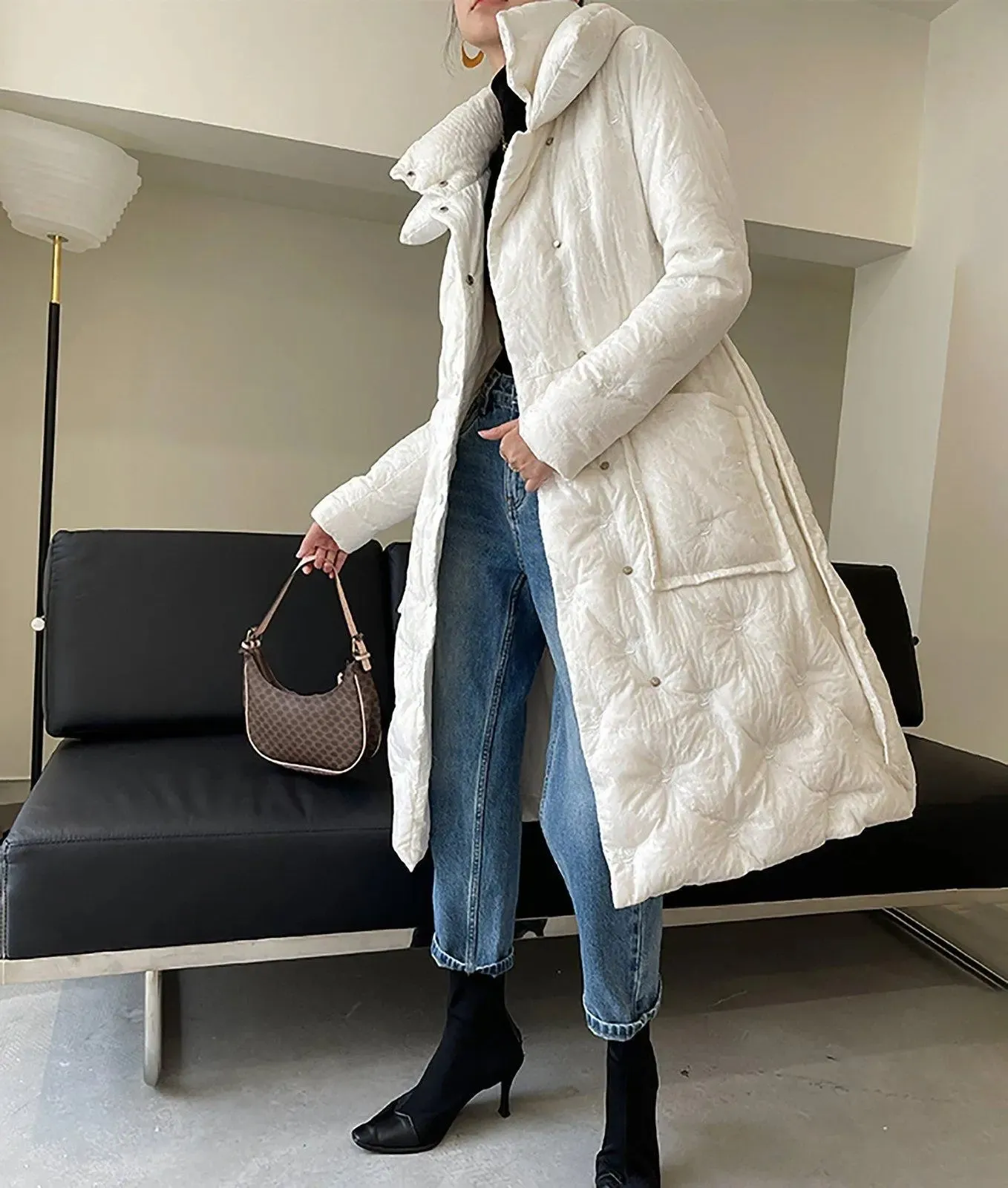 White embroidery Down Coat,Belted Down Feather Puffer Coat,White Long Down Jacket,Warm Winter coat,Warm Puffy Coat,Down Jacket,Vivian7 C106