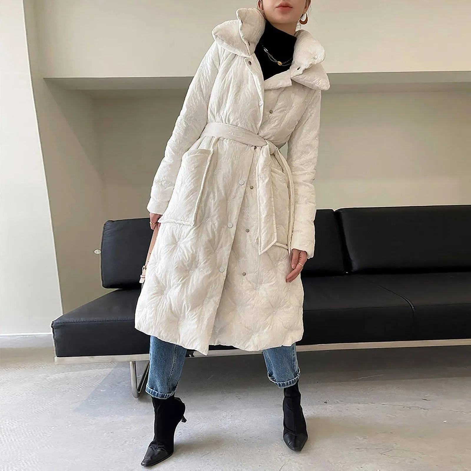 White embroidery Down Coat,Belted Down Feather Puffer Coat,White Long Down Jacket,Warm Winter coat,Warm Puffy Coat,Down Jacket,Vivian7 C106