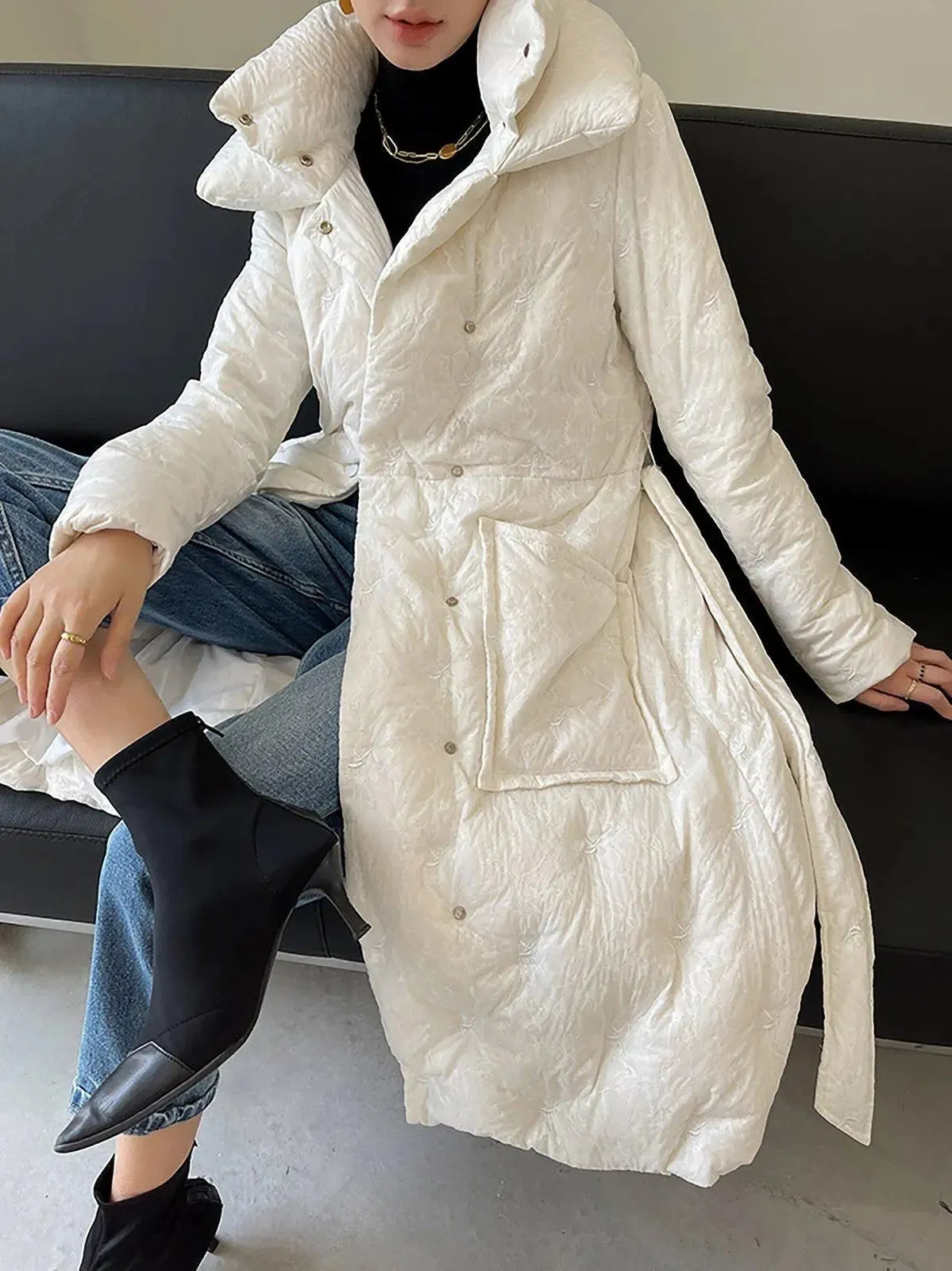 White embroidery Down Coat,Belted Down Feather Puffer Coat,White Long Down Jacket,Warm Winter coat,Warm Puffy Coat,Down Jacket,Vivian7 C106