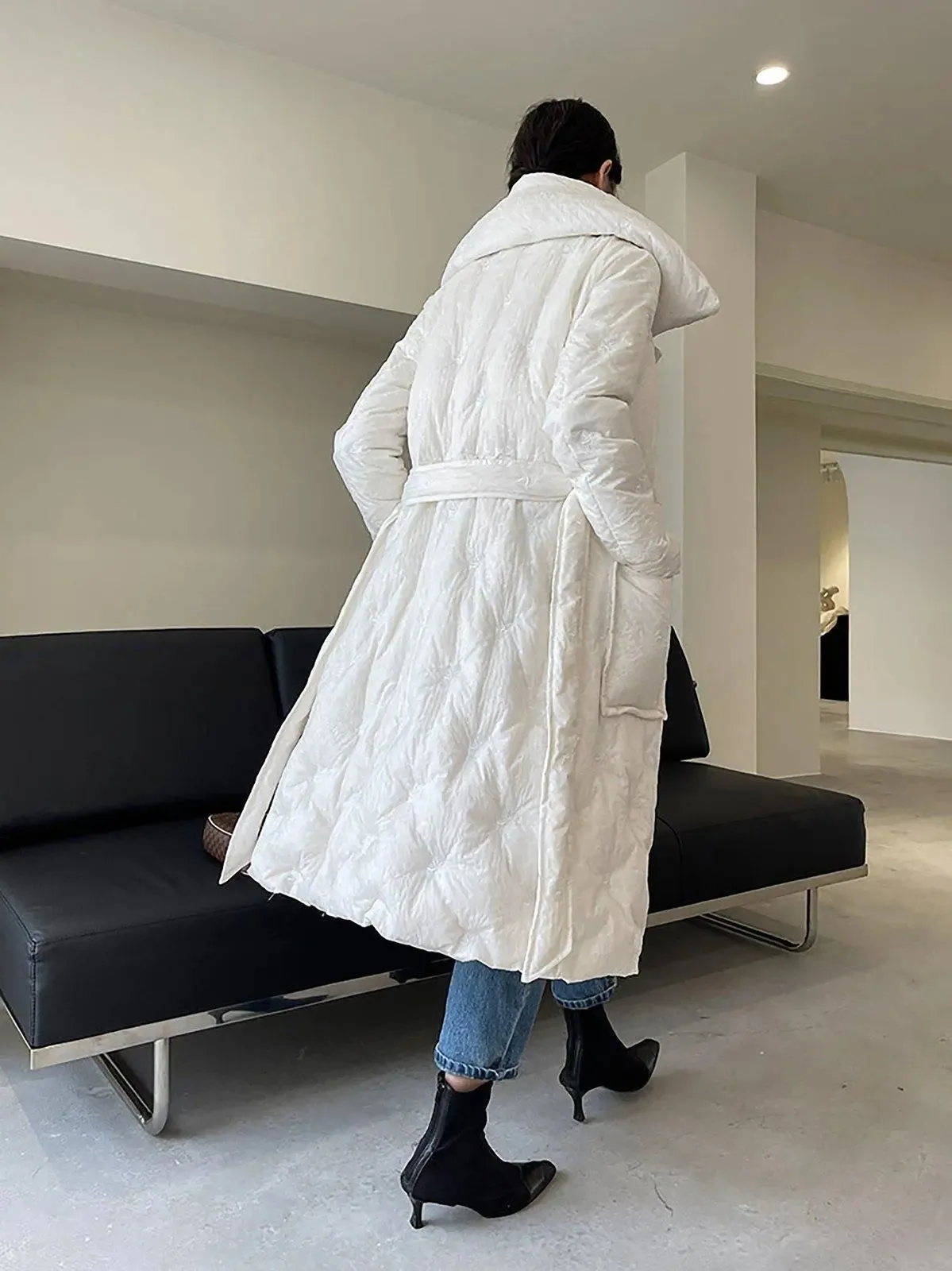 White embroidery Down Coat,Belted Down Feather Puffer Coat,White Long Down Jacket,Warm Winter coat,Warm Puffy Coat,Down Jacket,Vivian7 C106