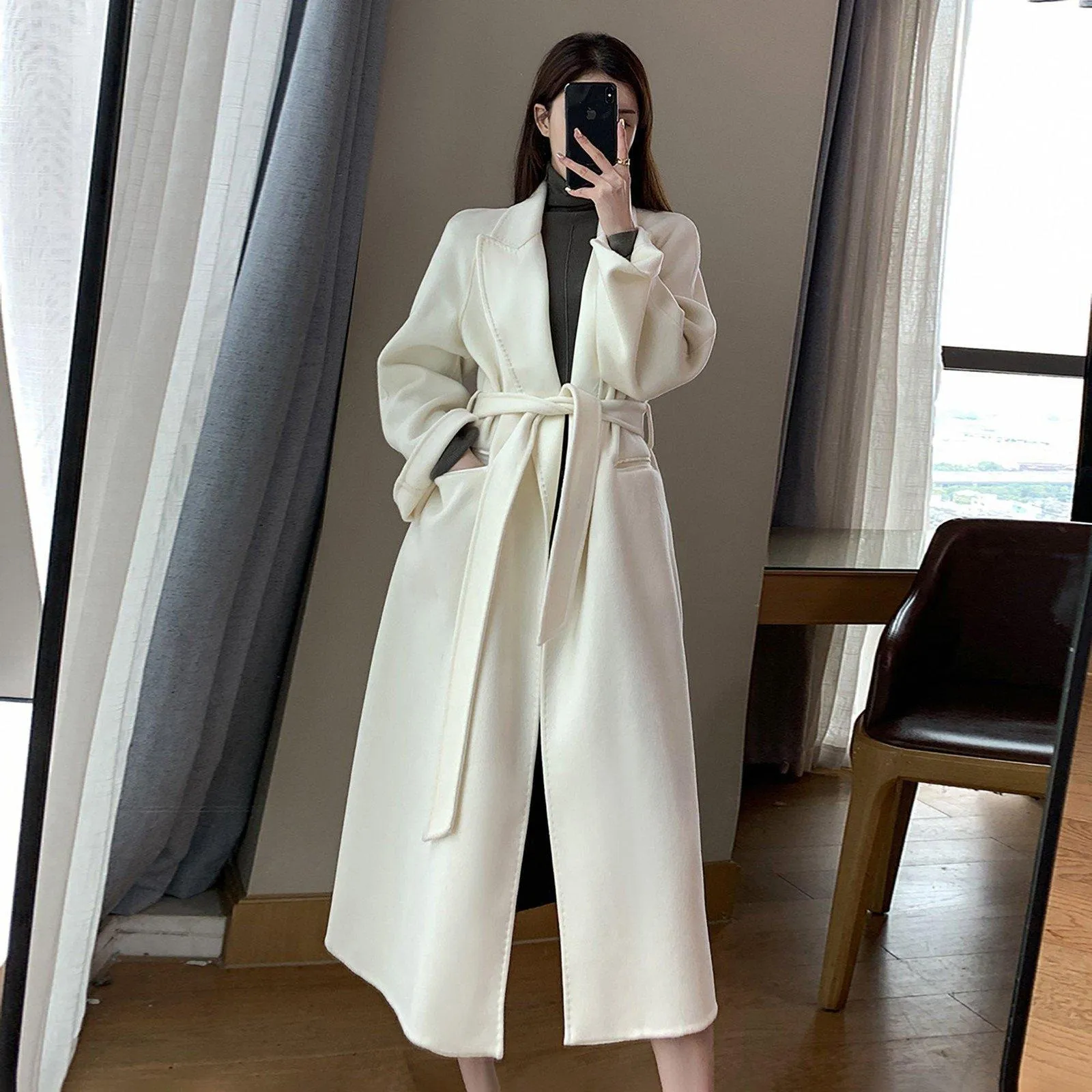 Women Double Faced Wool Long Coat,Handmade Coat,White Long Wool Coat,Olive Wool Overcoat,Wrap Wool Coat,Warm Winter Coat,Oversize Wool Coat