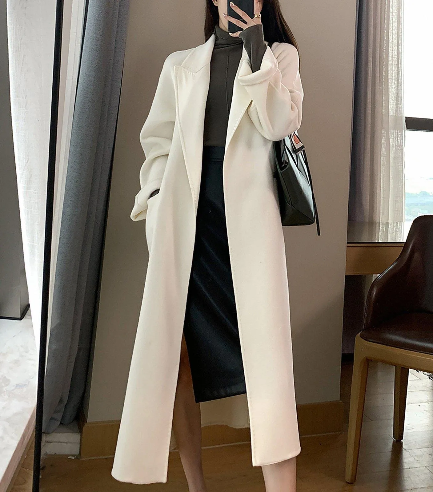 Women Double Faced Wool Long Coat,Handmade Coat,White Long Wool Coat,Olive Wool Overcoat,Wrap Wool Coat,Warm Winter Coat,Oversize Wool Coat