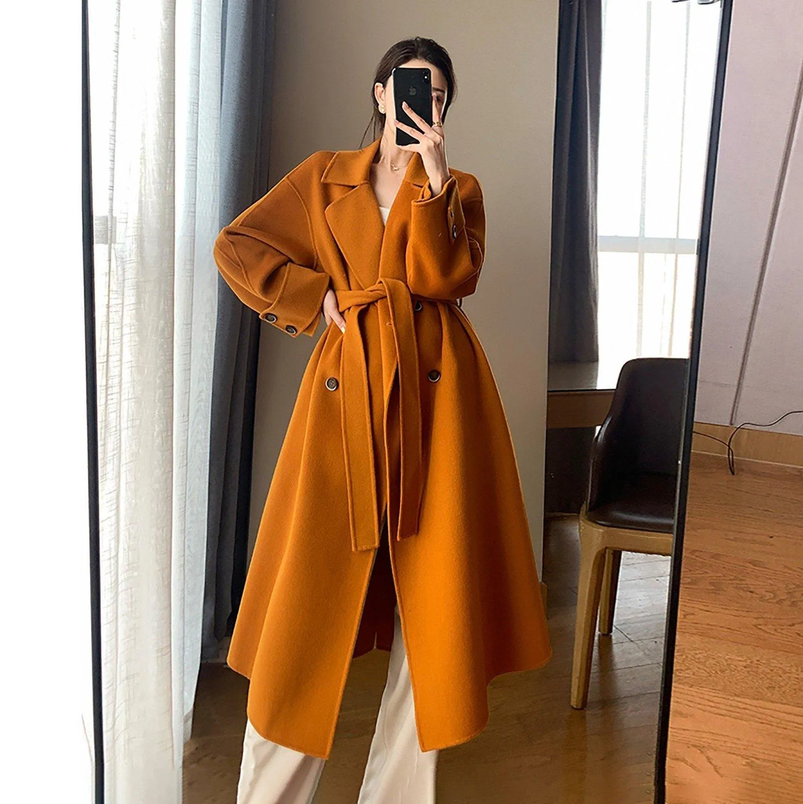 Women Double faced Wool Long Coat,Orange Long Wool Coat,Belted Wool Overcoat,Grey Wool Long Coat,Winter Coat Women,Oversize Maxi Wool Coat