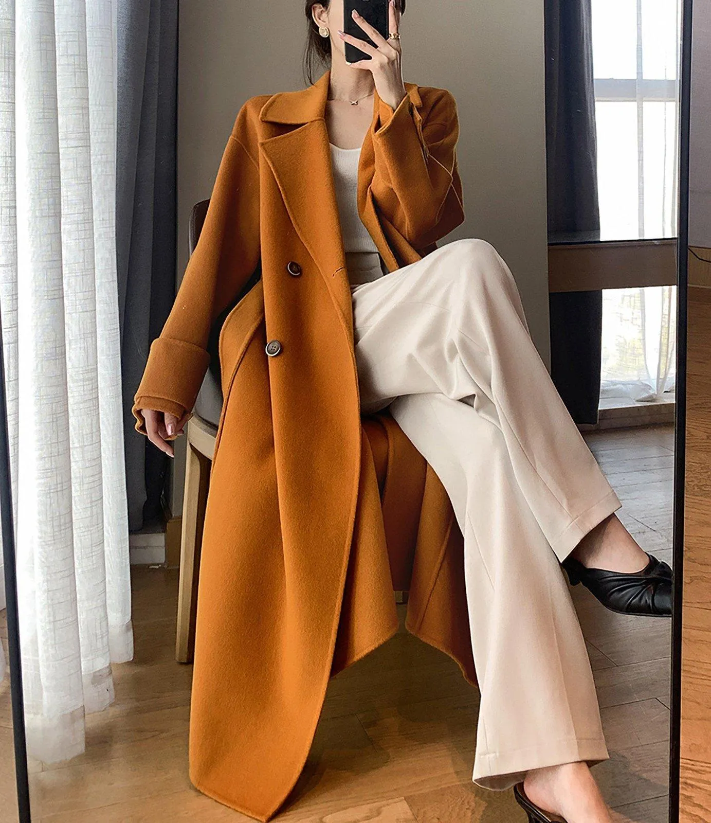 Women Double faced Wool Long Coat,Orange Long Wool Coat,Belted Wool Overcoat,Grey Wool Long Coat,Winter Coat Women,Oversize Maxi Wool Coat