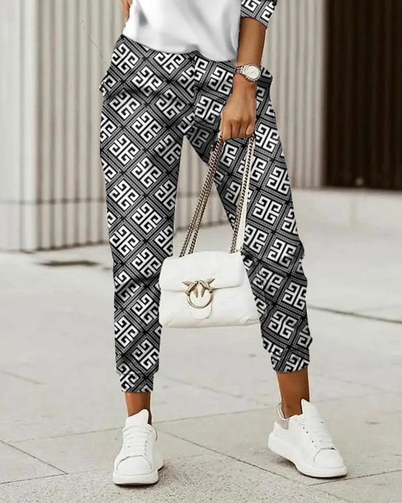 Women's  Commuter Top Printed Trousers Tracksuit Zipper Fashion Suit