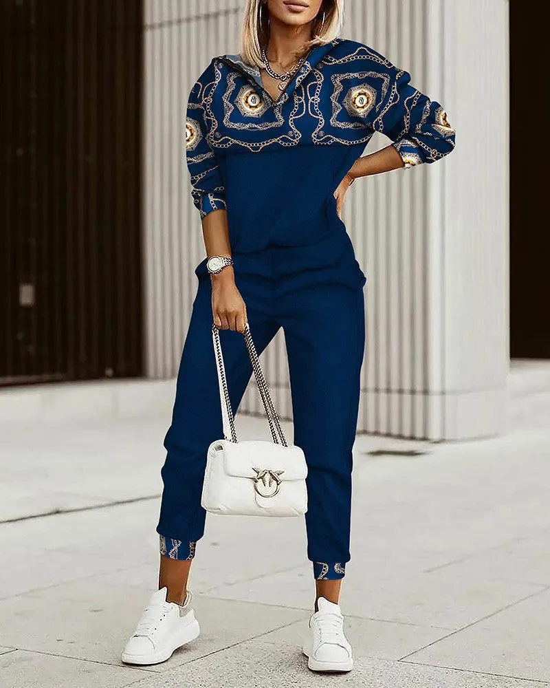 Women's  Commuter Top Printed Trousers Tracksuit Zipper Fashion Suit