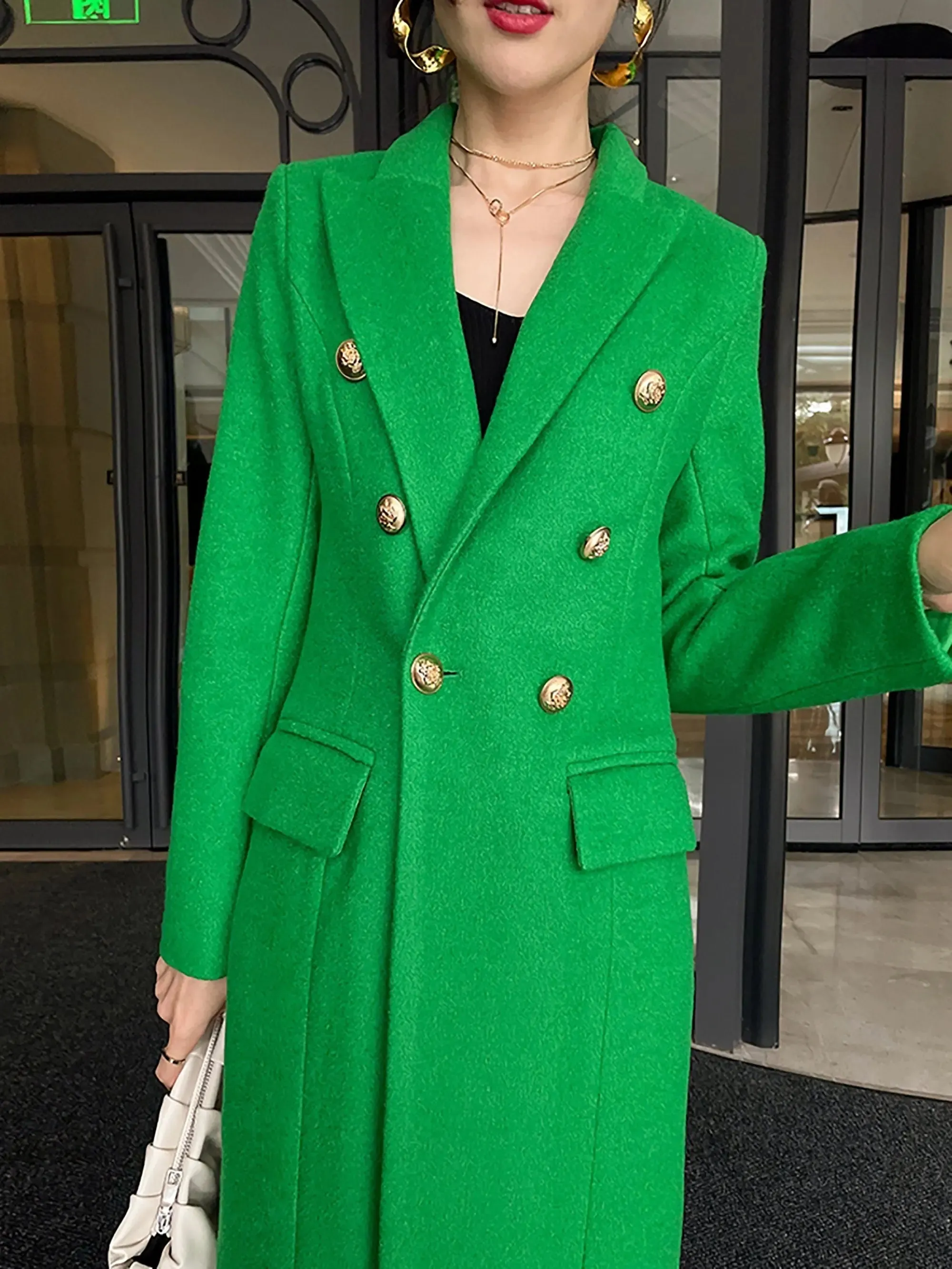 Women's long woolen coat,Green wool Long coat,Double Breasted Wool Blend Coat,Fall Winter Coat for women Wool Overcoat Trench Outerwear