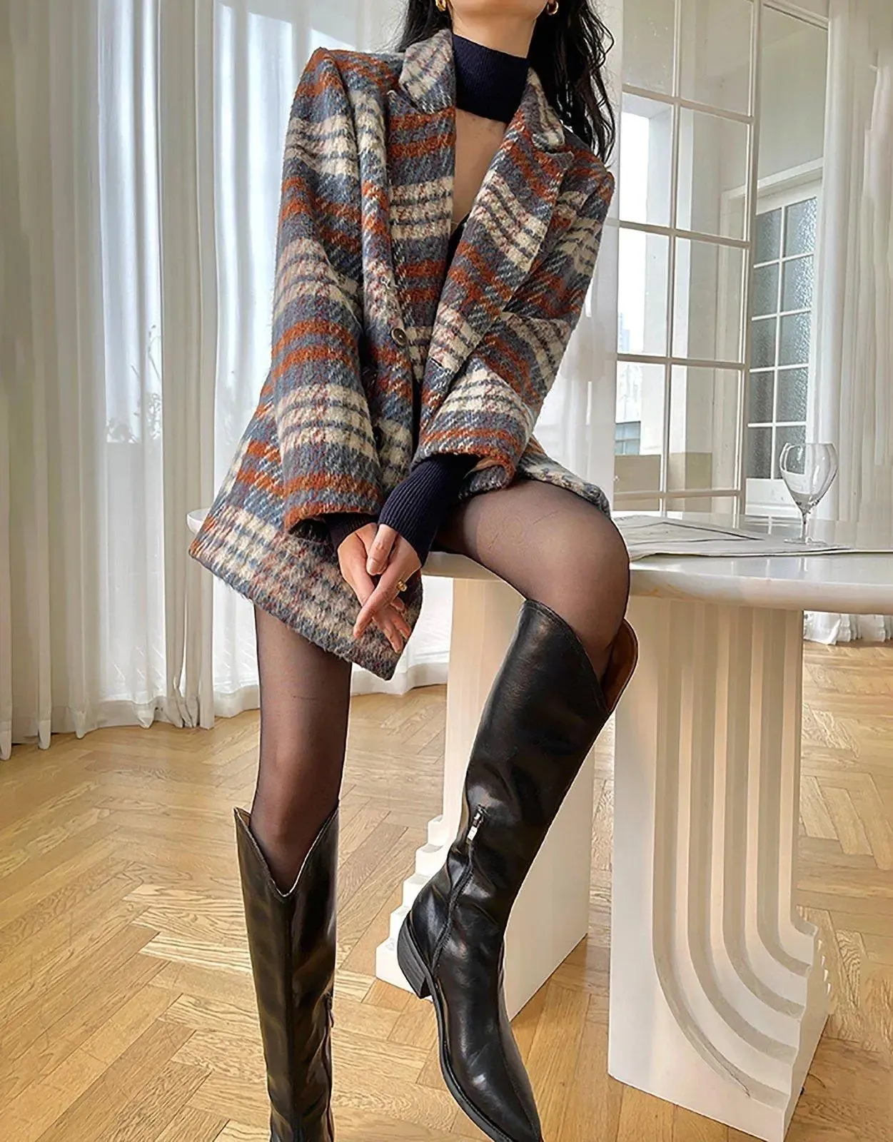 Women's Plaid Wool Blazer,Wool suit,Fall jacket,Oversize Wool coat,Winter wool Suit coat,Wool Trench Coat,checkered blazer coat,Vivian7 B109