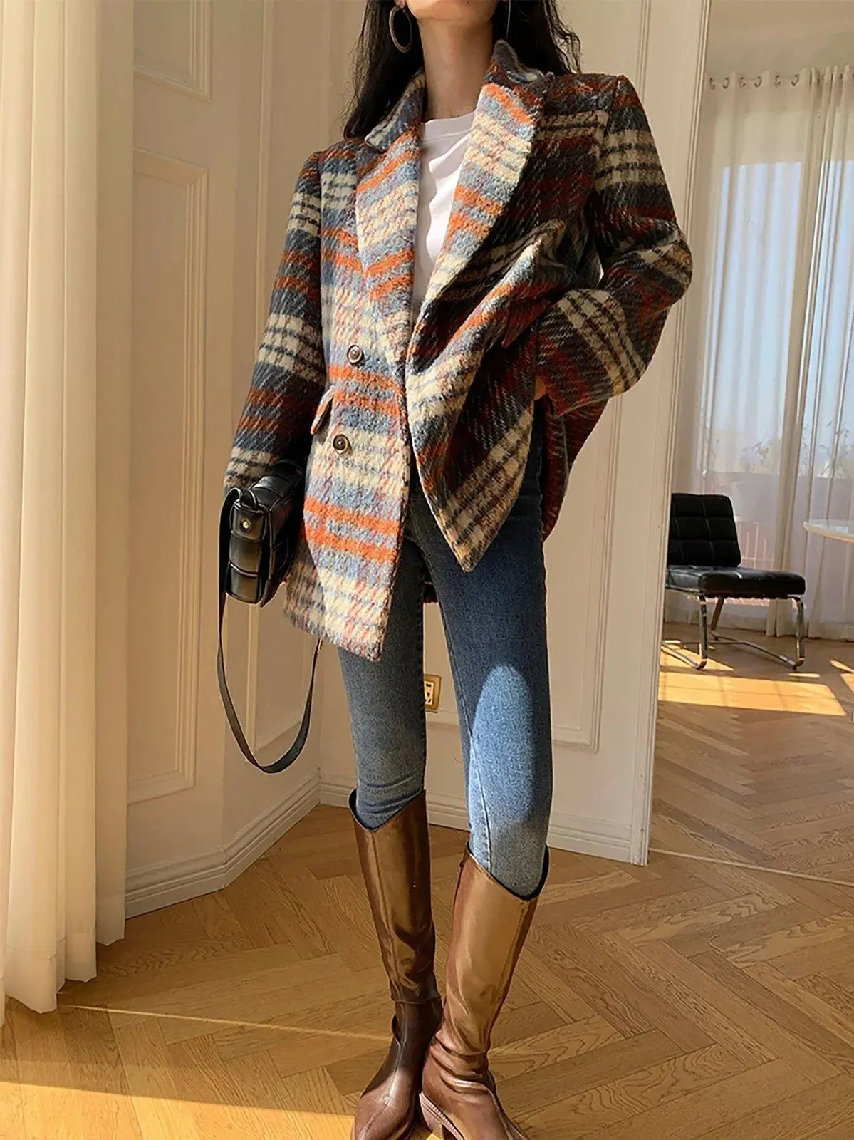 Women's Plaid Wool Blazer,Wool suit,Fall jacket,Oversize Wool coat,Winter wool Suit coat,Wool Trench Coat,checkered blazer coat,Vivian7 B109