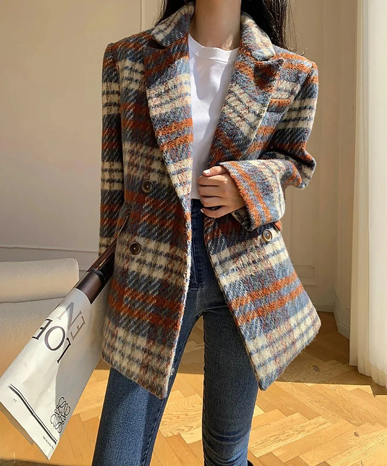 Women's Plaid Wool Blazer,Wool suit,Fall jacket,Oversize Wool coat,Winter wool Suit coat,Wool Trench Coat,checkered blazer coat,Vivian7 B109