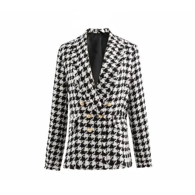 Women's Tweed Jackets Business Wear Black Tassel Houndstooth