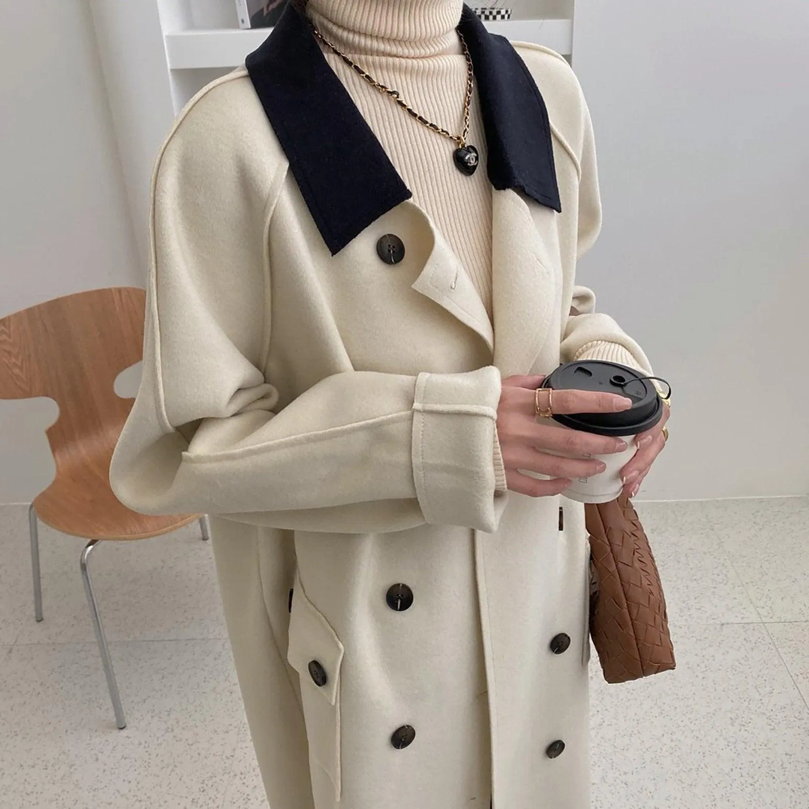 Women's Wool Long Coat,Color Contrast Long wool coat,Beige Long Wool Coat,Wheat Wool Coat,Blue Long Wool Coat,Wool Overcoat,Oversize Coat