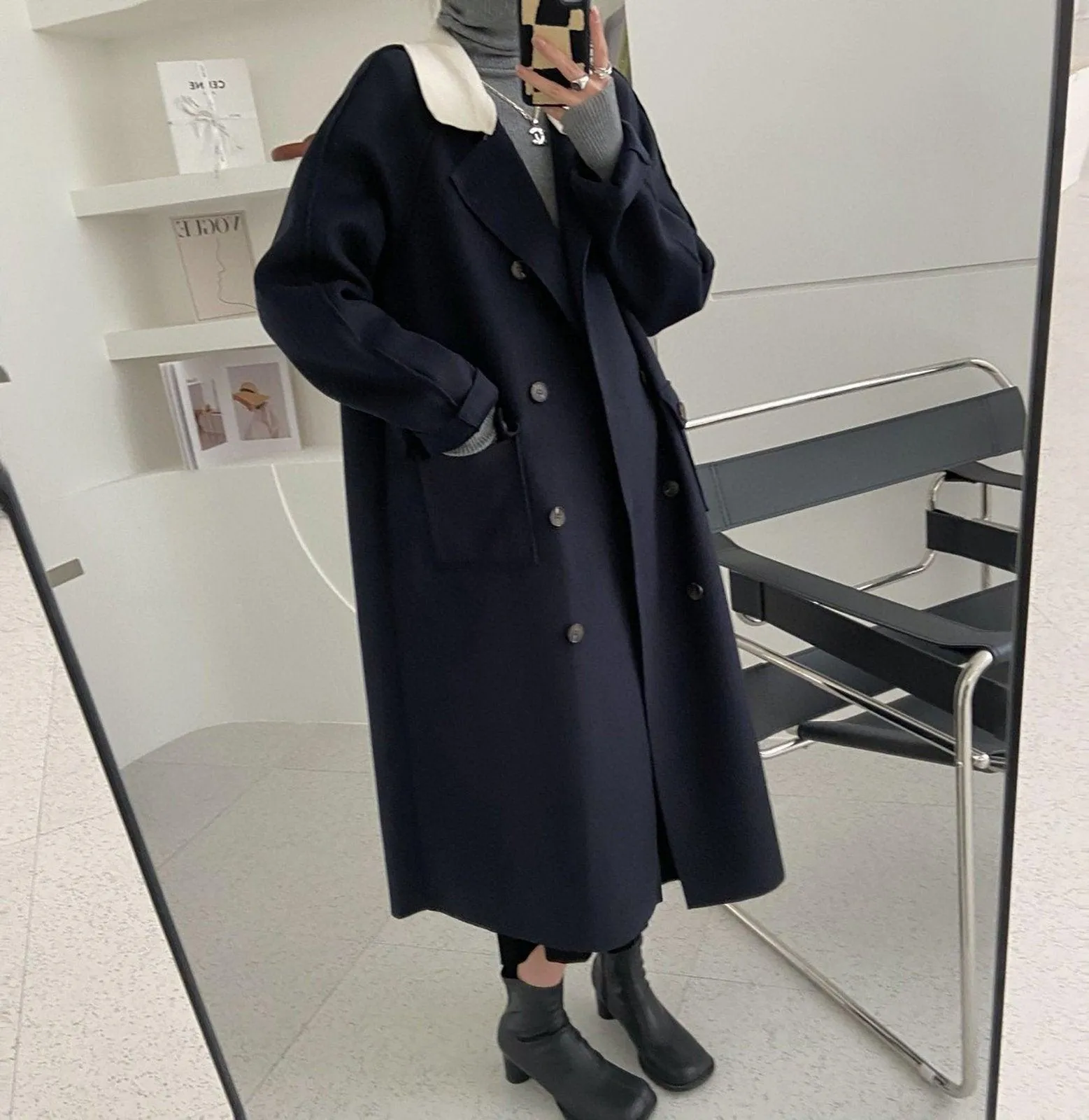 Women's Wool Long Coat,Color Contrast Long wool coat,Beige Long Wool Coat,Wheat Wool Coat,Blue Long Wool Coat,Wool Overcoat,Oversize Coat