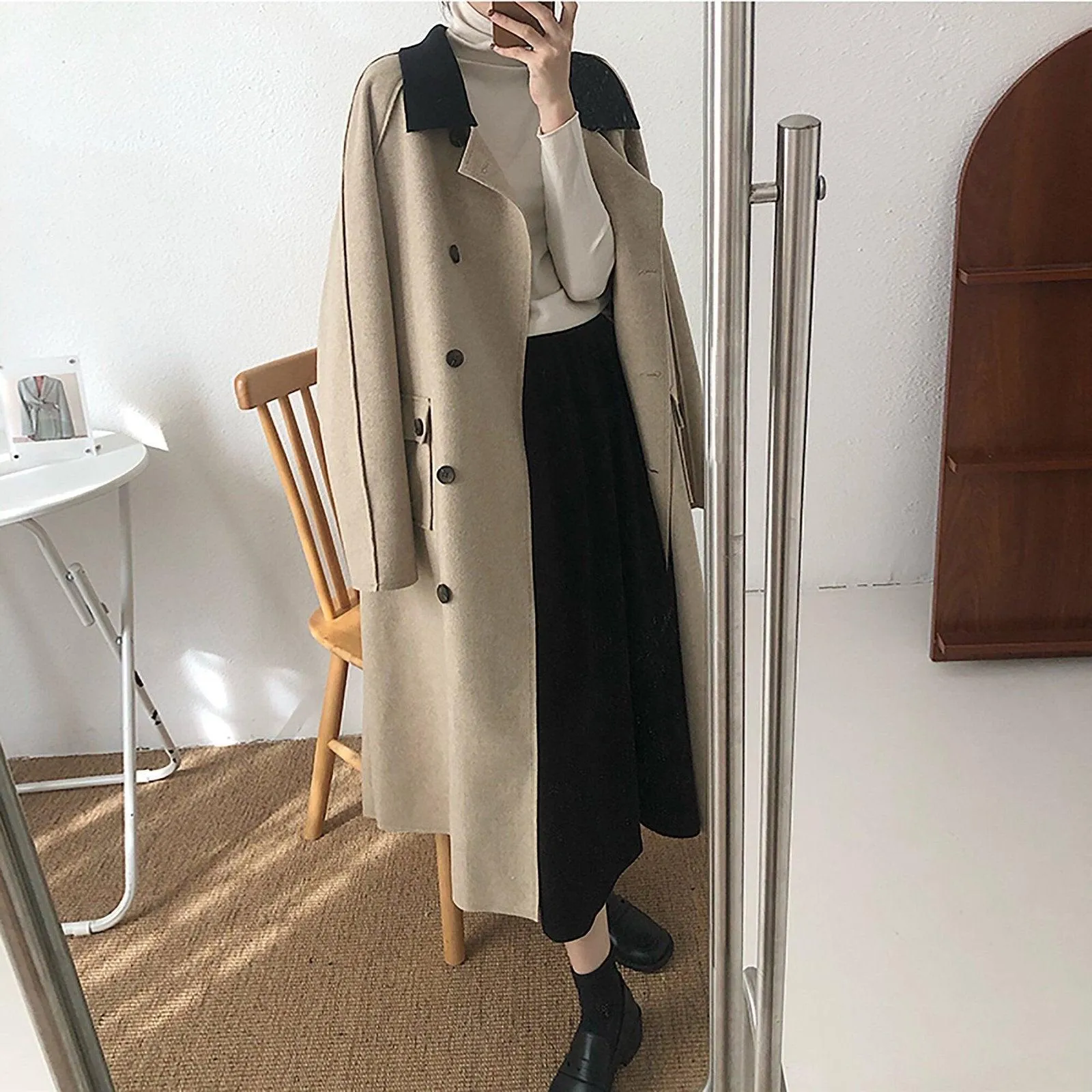 Women's Wool Long Coat,Color Contrast Long wool coat,Beige Long Wool Coat,Wheat Wool Coat,Blue Long Wool Coat,Wool Overcoat,Oversize Coat