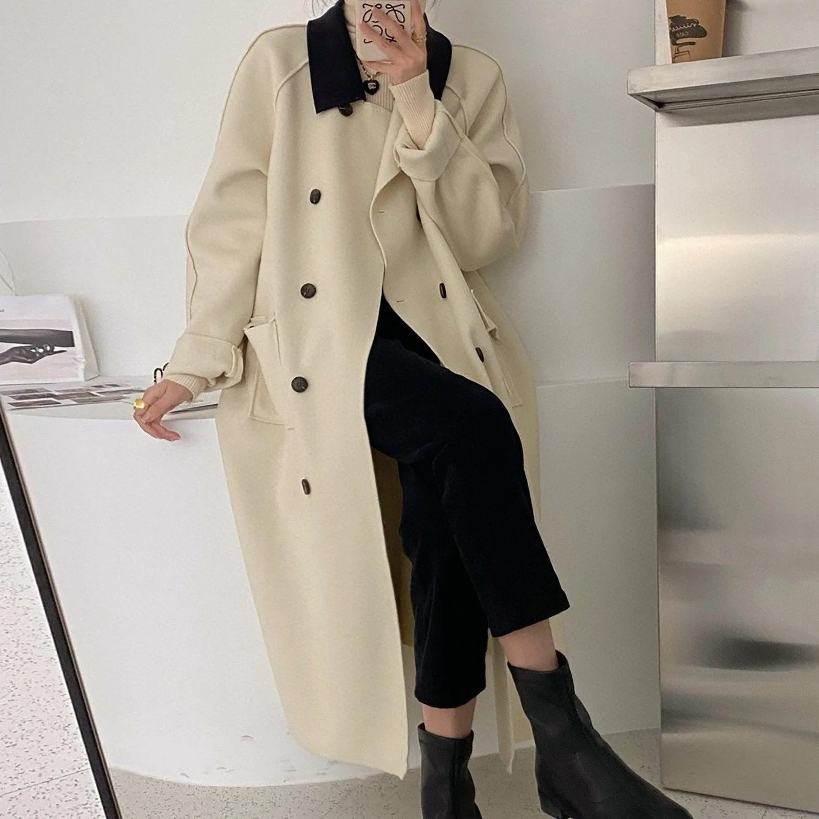 Women's Wool Long Coat,Color Contrast Long wool coat,Beige Long Wool Coat,Wheat Wool Coat,Blue Long Wool Coat,Wool Overcoat,Oversize Coat