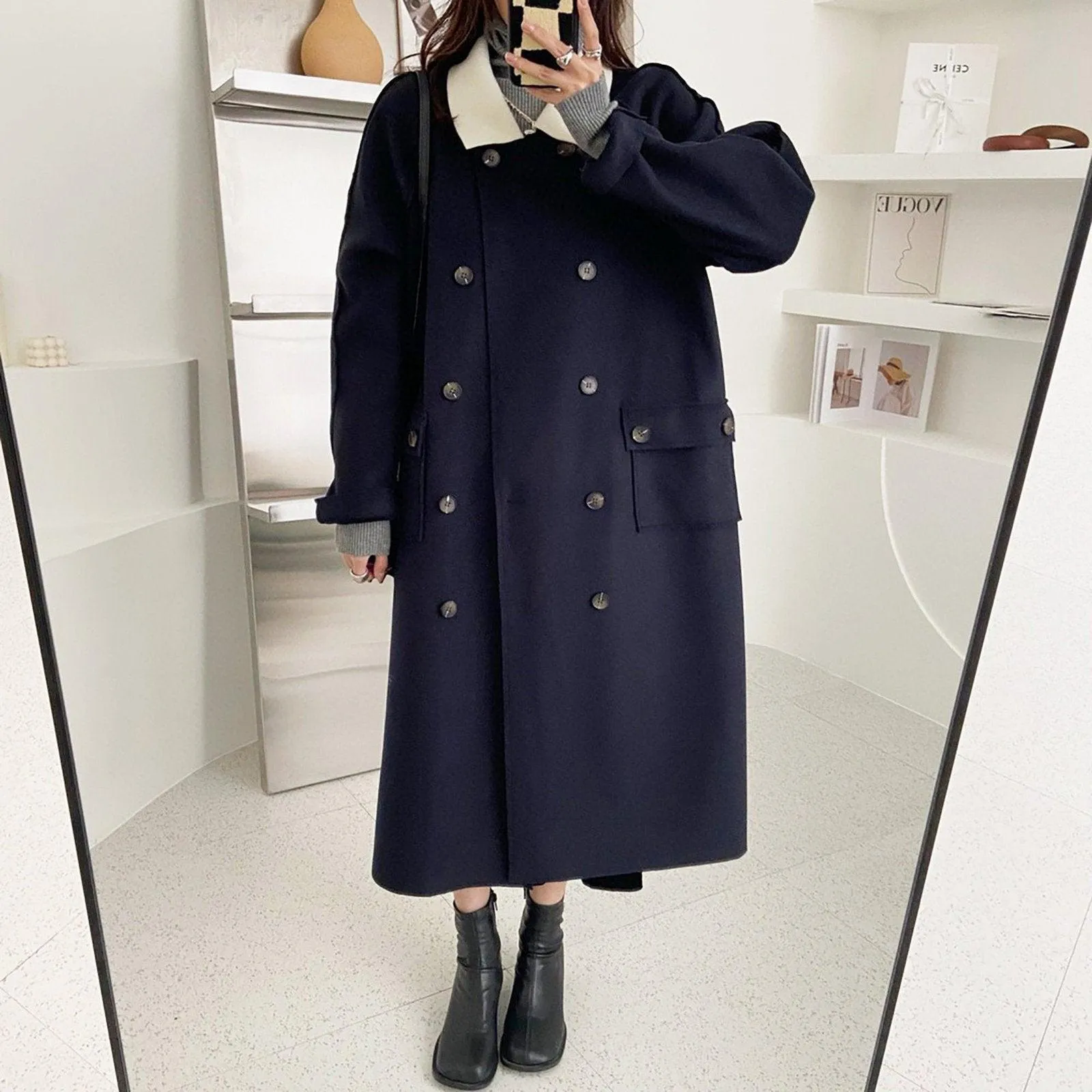 Women's Wool Long Coat,Color Contrast Long wool coat,Beige Long Wool Coat,Wheat Wool Coat,Blue Long Wool Coat,Wool Overcoat,Oversize Coat