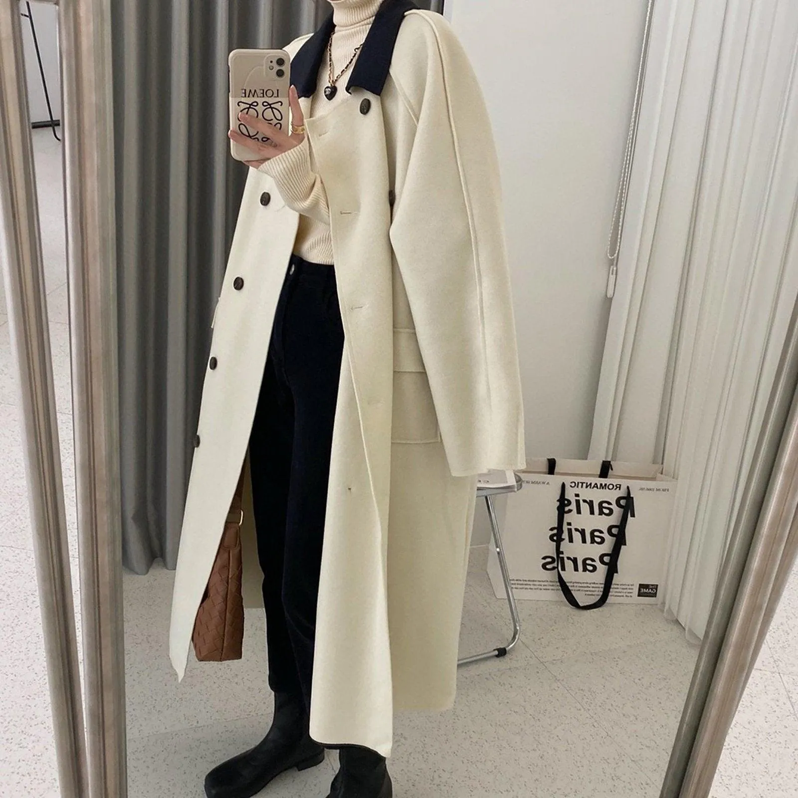 Women's Wool Long Coat,Color Contrast Long wool coat,Beige Long Wool Coat,Wheat Wool Coat,Blue Long Wool Coat,Wool Overcoat,Oversize Coat