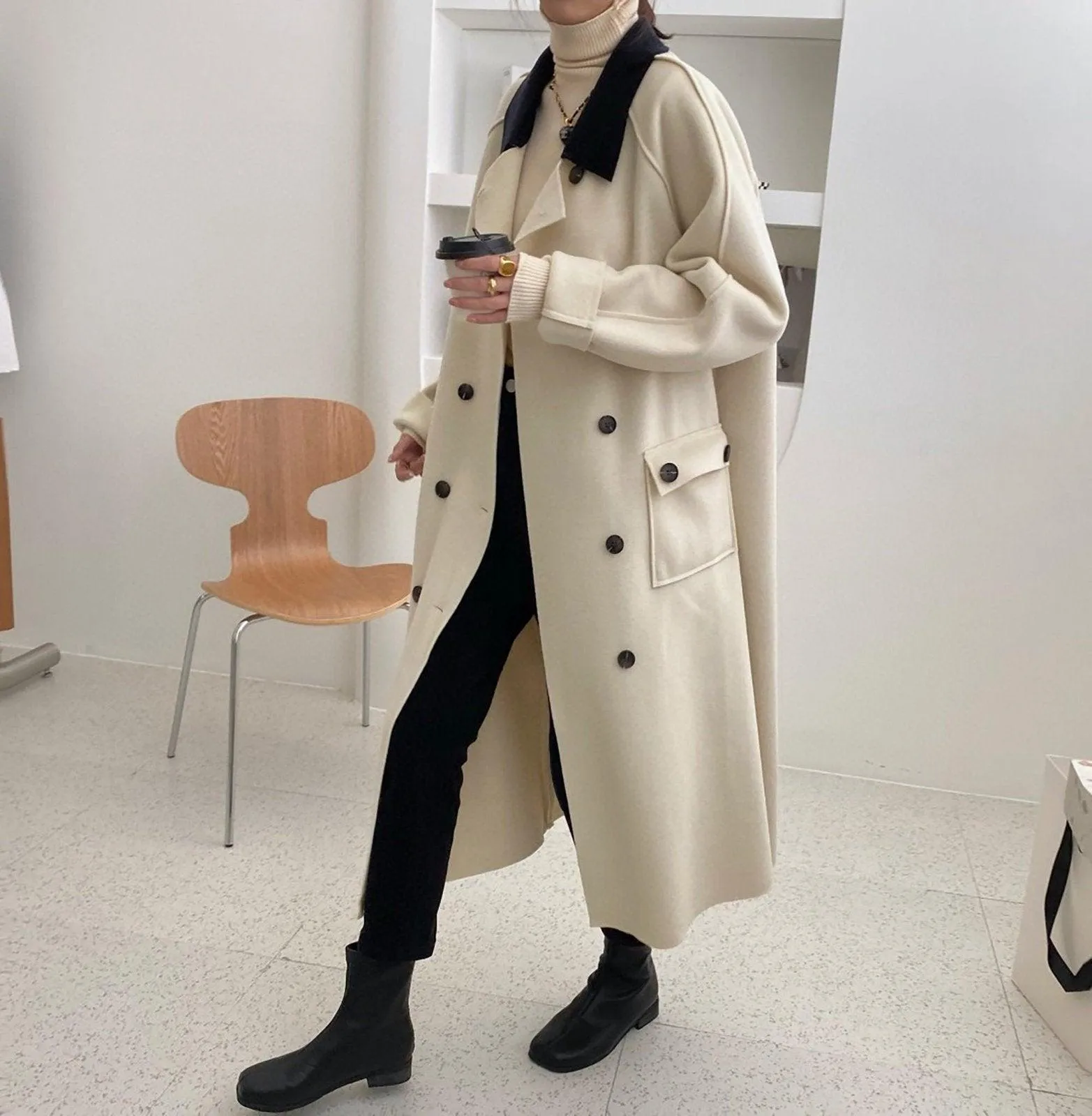 Women's Wool Long Coat,Color Contrast Long wool coat,Beige Long Wool Coat,Wheat Wool Coat,Blue Long Wool Coat,Wool Overcoat,Oversize Coat