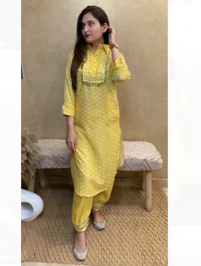 Yellow Lacework Women Kurti Trousers Set