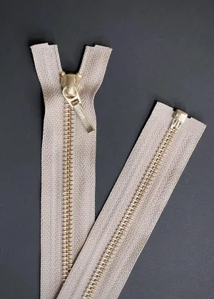 YKK, Open Ended Zip Drop Pull. Brass. Jute. 100cm