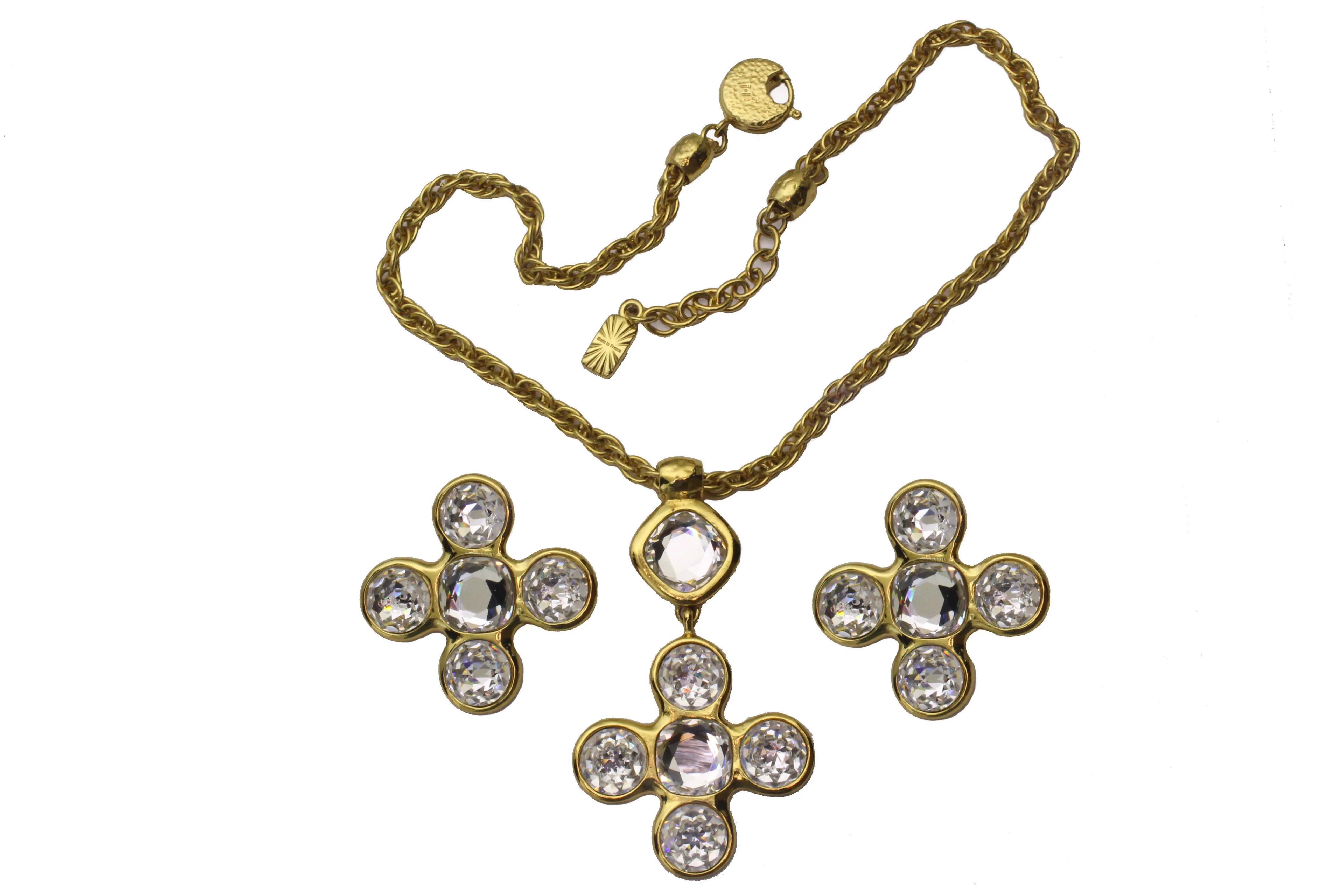 YVES SAINT LAURENT clear rhinestone cross necklace and earrings set