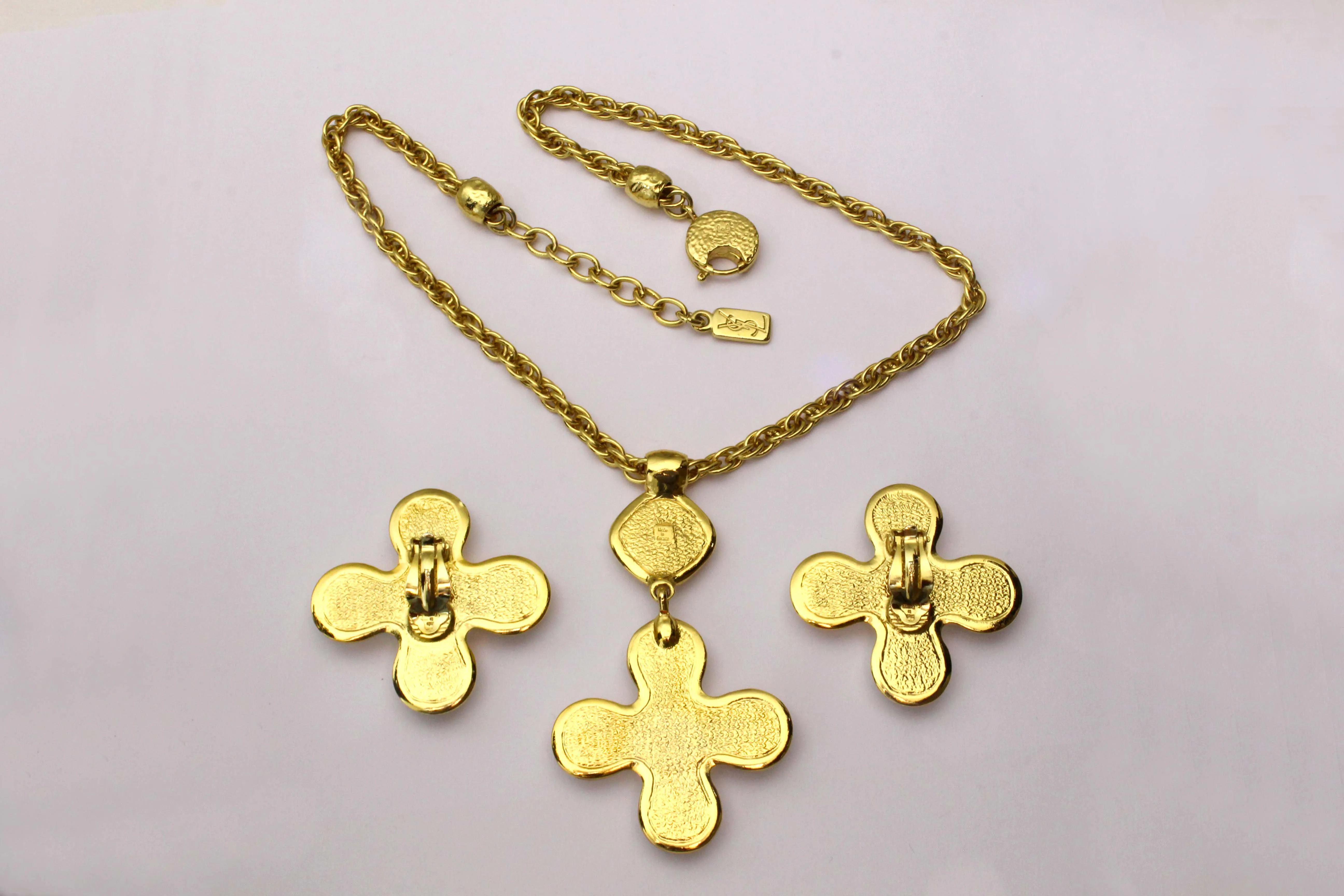 YVES SAINT LAURENT clear rhinestone cross necklace and earrings set